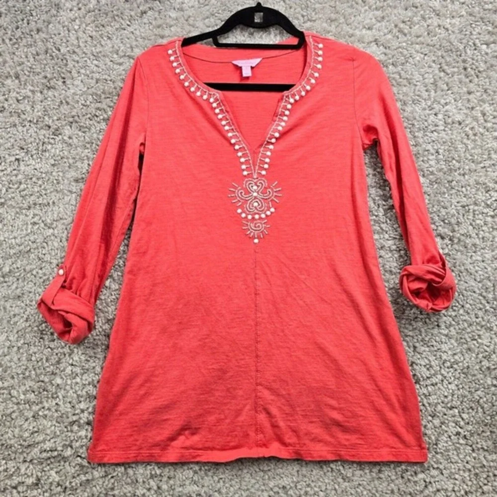 Lilly Pulitzer Tunic Women Size S Pink Beaded V-Neck Roll Tab Sleeve Boho - Picture 1 of 14